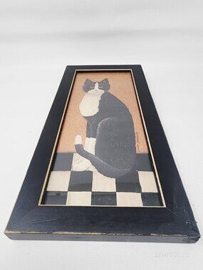 Vintage -Sitting Black Cat by Cindy Sampson Folk Art Print 1999 "Country Cat"